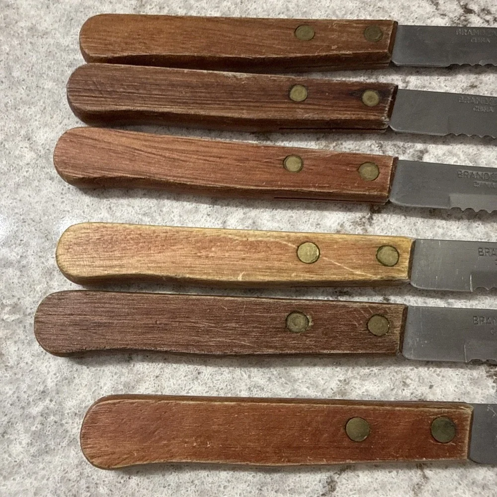 6 Vintage Brand Ware Stainless Steel Steak Knives Wooden Handles Dainty
